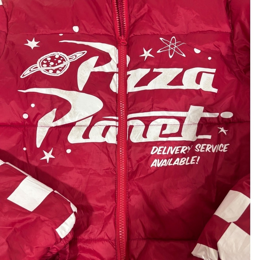 Disney Toy Story Pizza Planet Puffer Jacket Red White Checkerboard Kids XS Boys